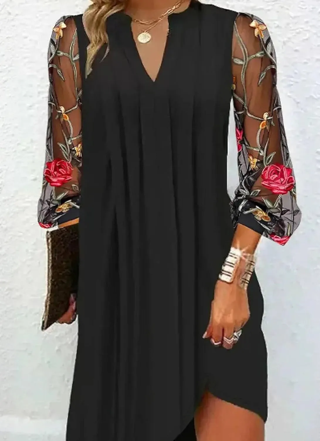 Women's Breezy Pleated Plain Mini Dress 3/4 Sheer Floral Sleeve V-Neck Dresses Versatile Shift Dress Summer Wear