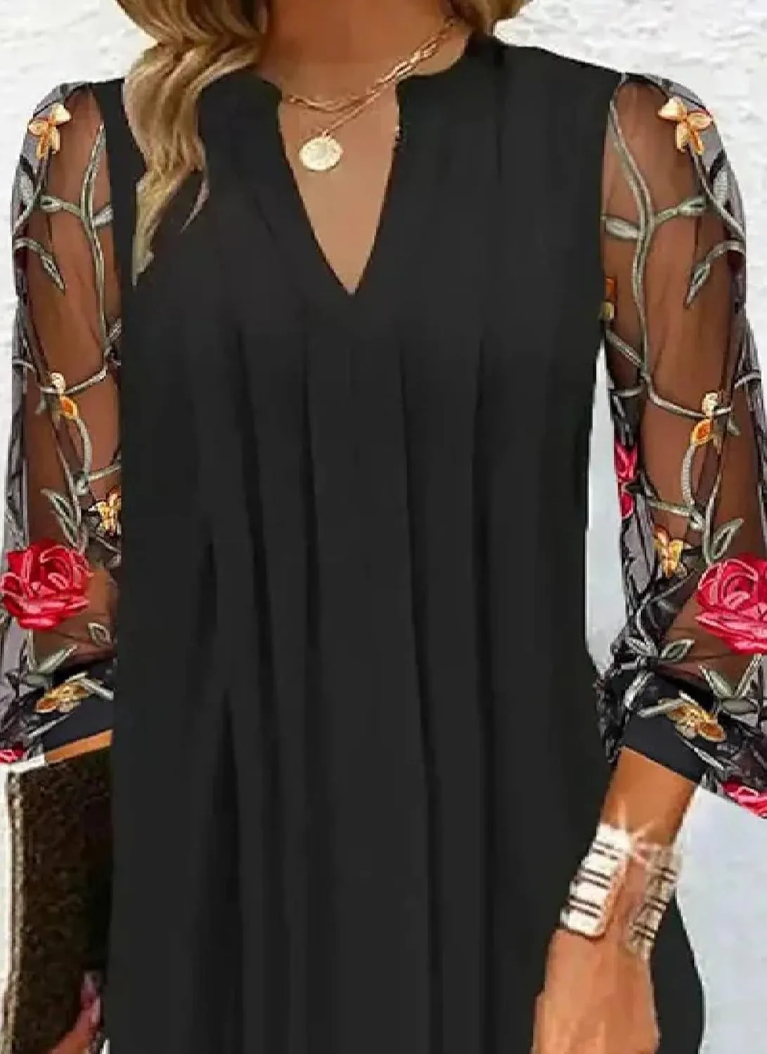 Women's Breezy Pleated Plain Mini Dress 3/4 Sheer Floral Sleeve V-Neck Dresses Versatile Shift Dress Summer Wear