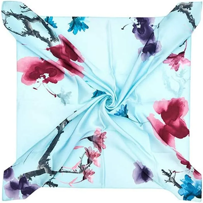 Women's Floral Scarves 2PCS Women Neck Scarf Satin Mulberry Silk Square Scarf Floral Print for Women Girls Ladies (Light Blue 53X53cm)