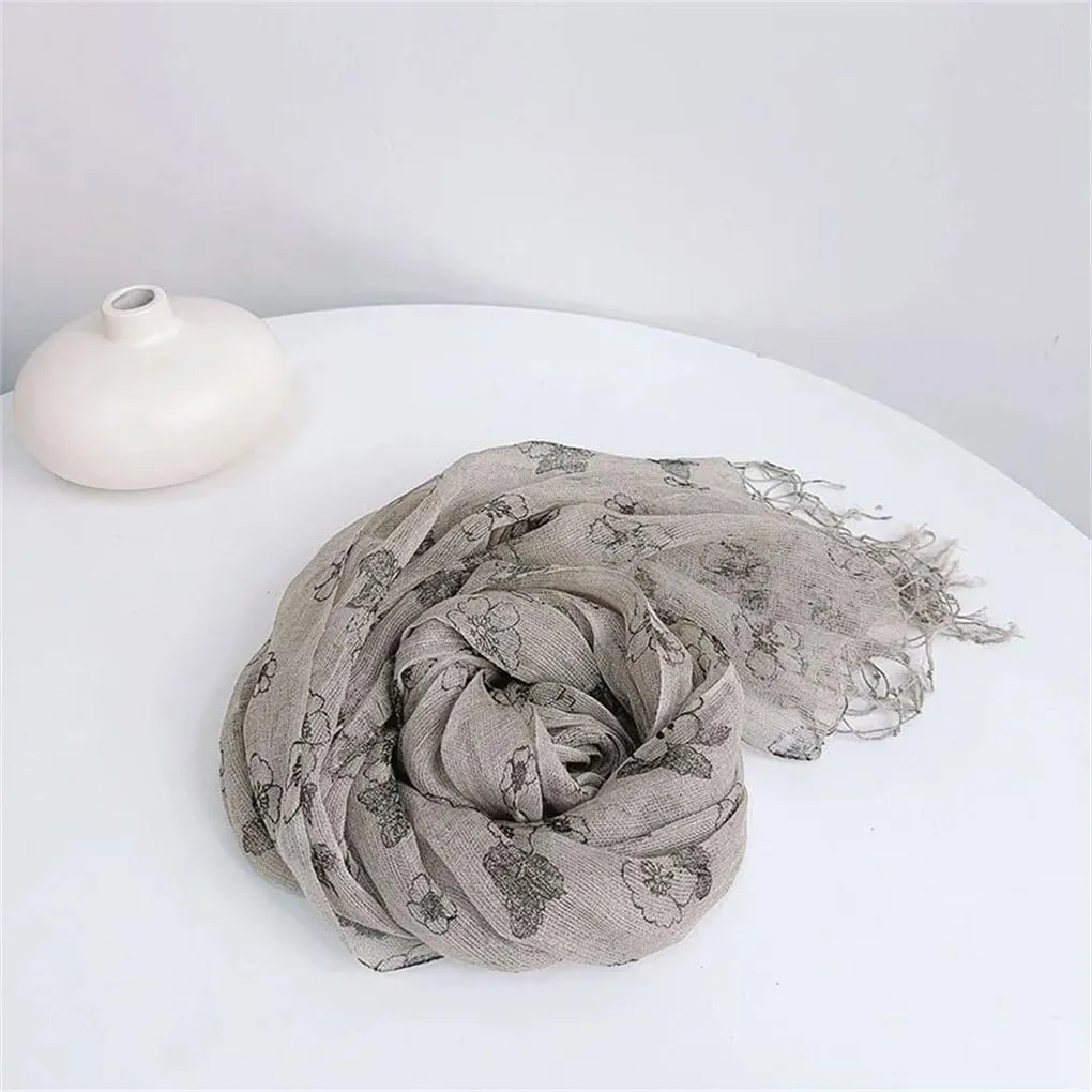 Womens Linen Scarf Hijab Shawls Vintage Floral Scarves With Tassels