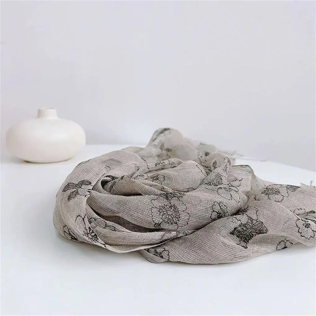 Womens Linen Scarf Hijab Shawls Vintage Floral Scarves With Tassels