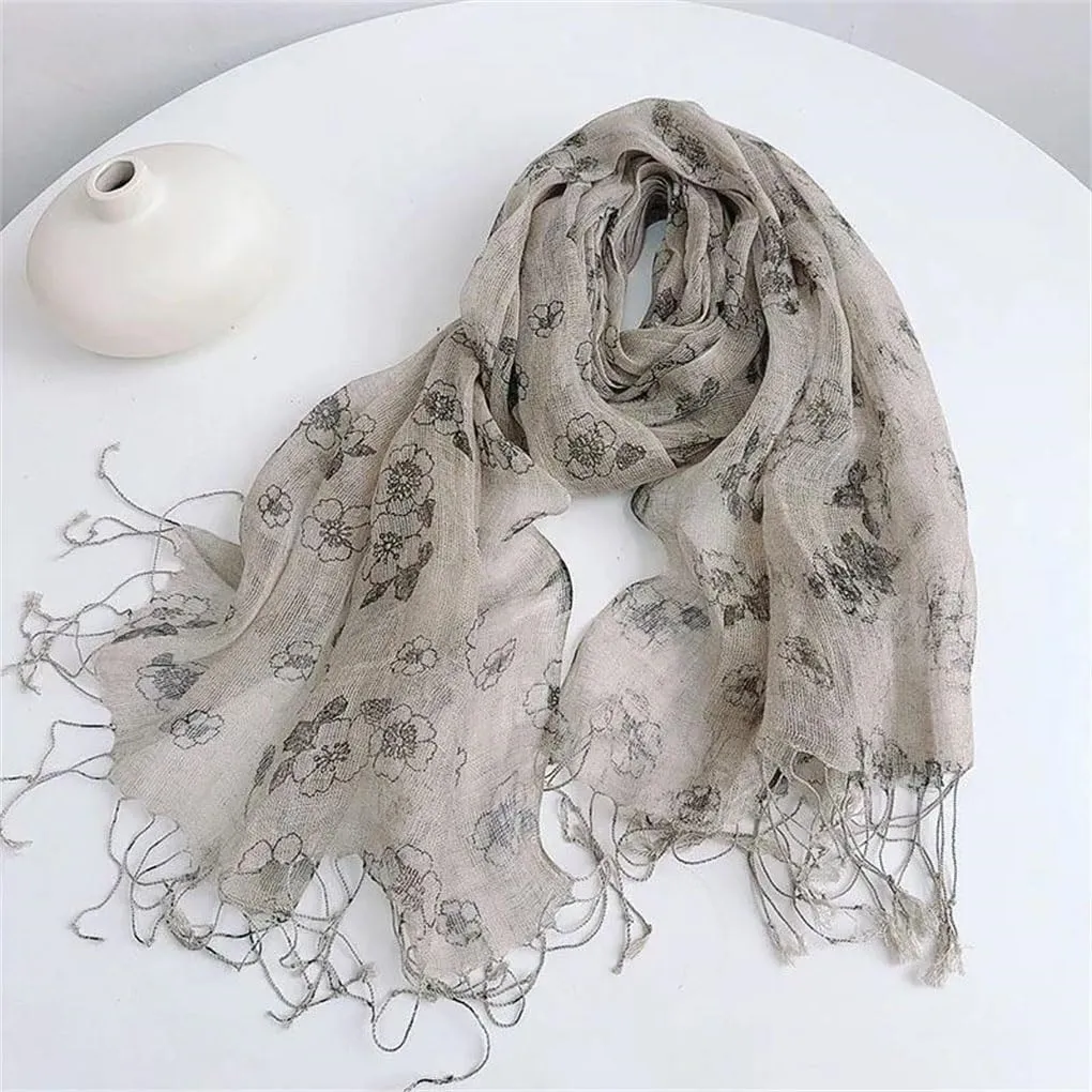 Womens Linen Scarf Hijab Shawls Vintage Floral Scarves With Tassels