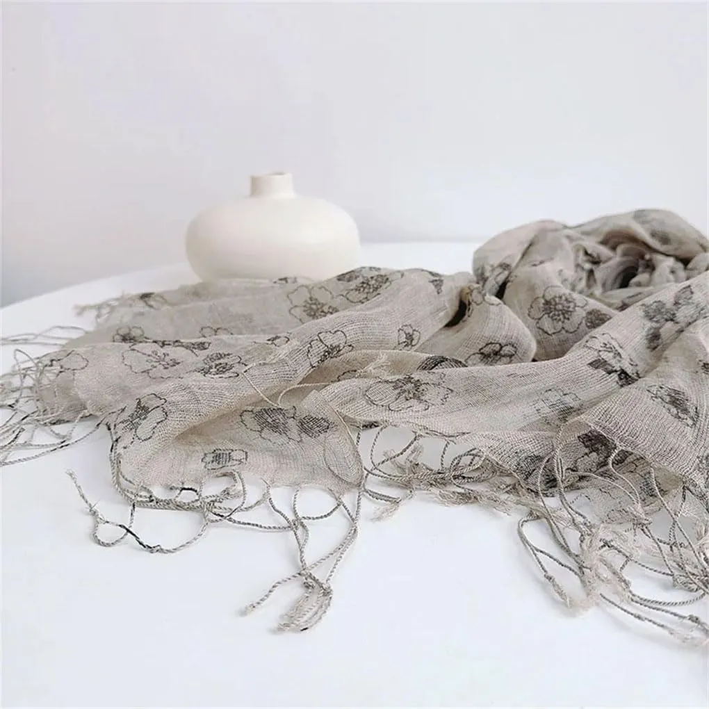 Womens Linen Scarf Hijab Shawls Vintage Floral Scarves With Tassels