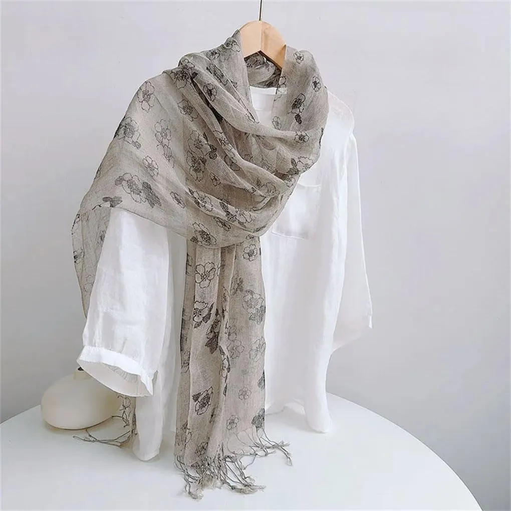 Womens Linen Scarf Hijab Shawls Vintage Floral Scarves With Tassels
