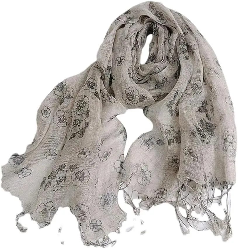 Womens Linen Scarf Hijab Shawls Vintage Floral Scarves With Tassels