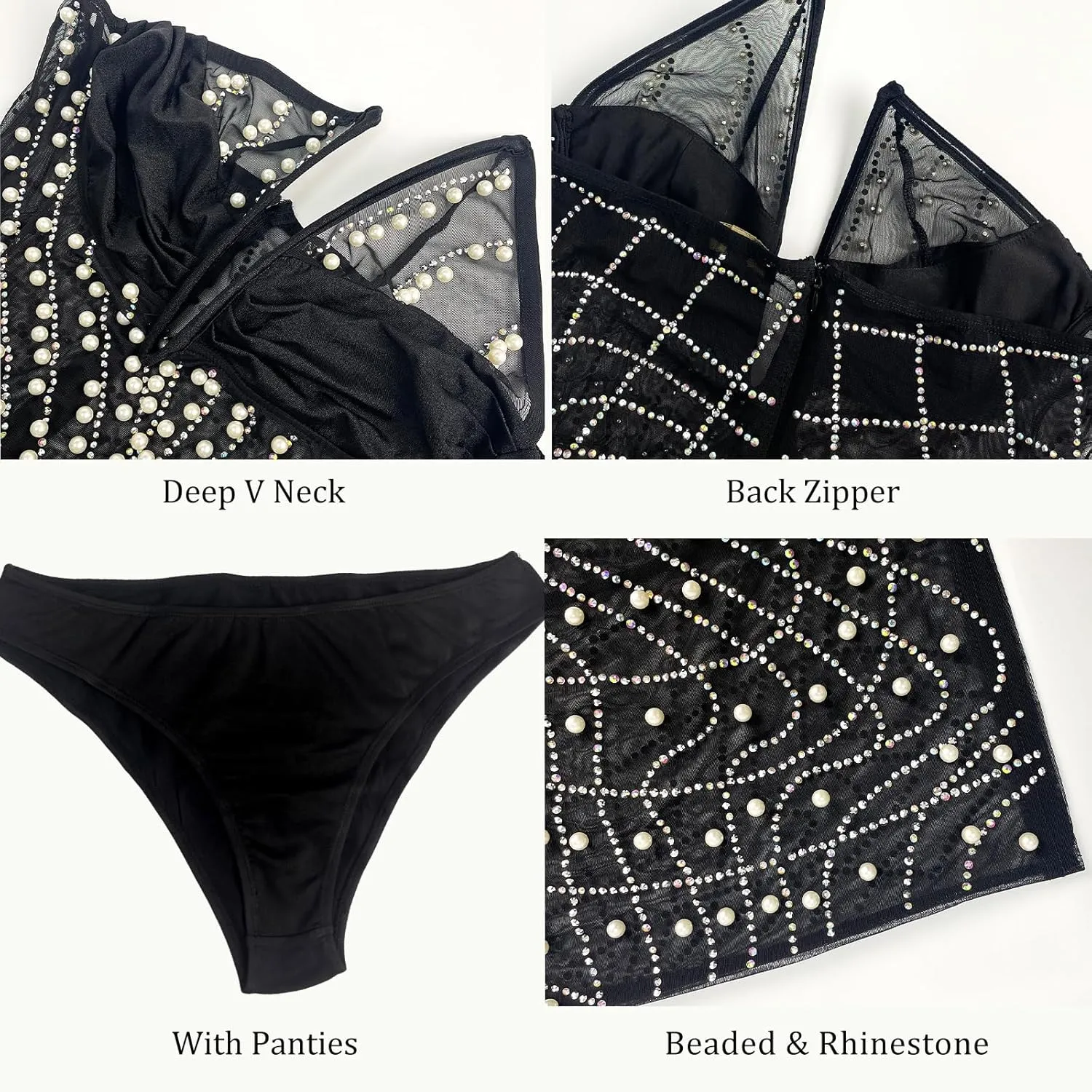 Women's Sexy Strapless Beaded See Through Mesh Mini Dresses for Birthday Party Dress
