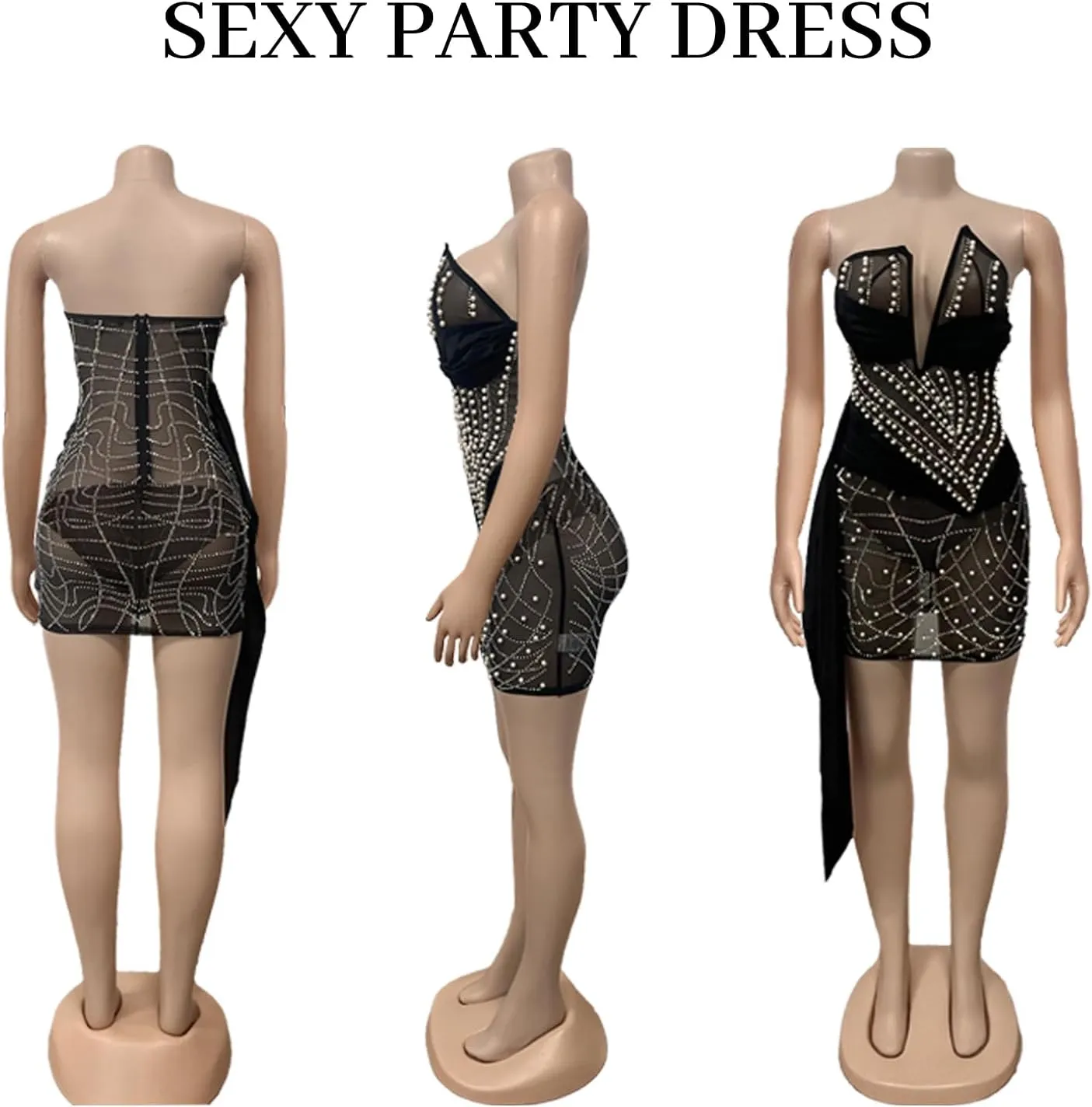 Women's Sexy Strapless Beaded See Through Mesh Mini Dresses for Birthday Party Dress