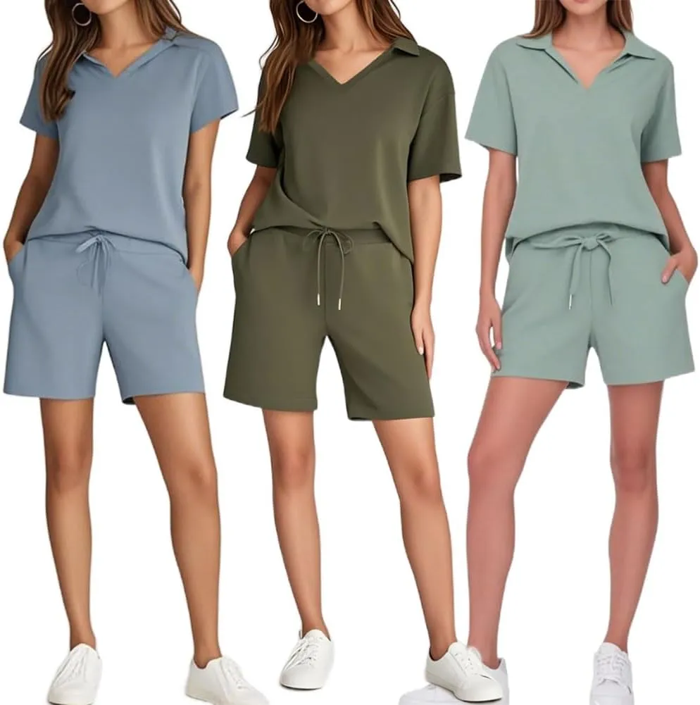 Women's Summer 2-Piece Set, Light Breezy Lounge Short-Sleeve and Shorts Set, Breathable Cool Pajama Shorts Matching Sets