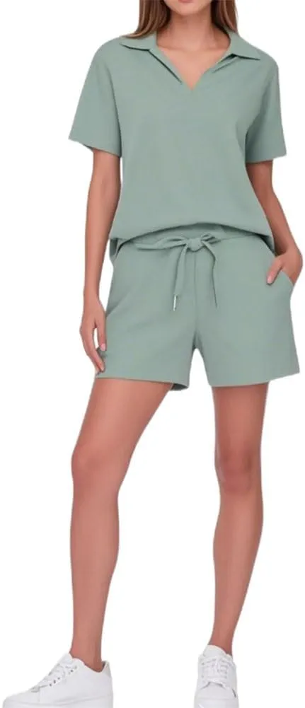 Women's Summer 2-Piece Set, Light Breezy Lounge Short-Sleeve and Shorts Set, Breathable Cool Pajama Shorts Matching Sets