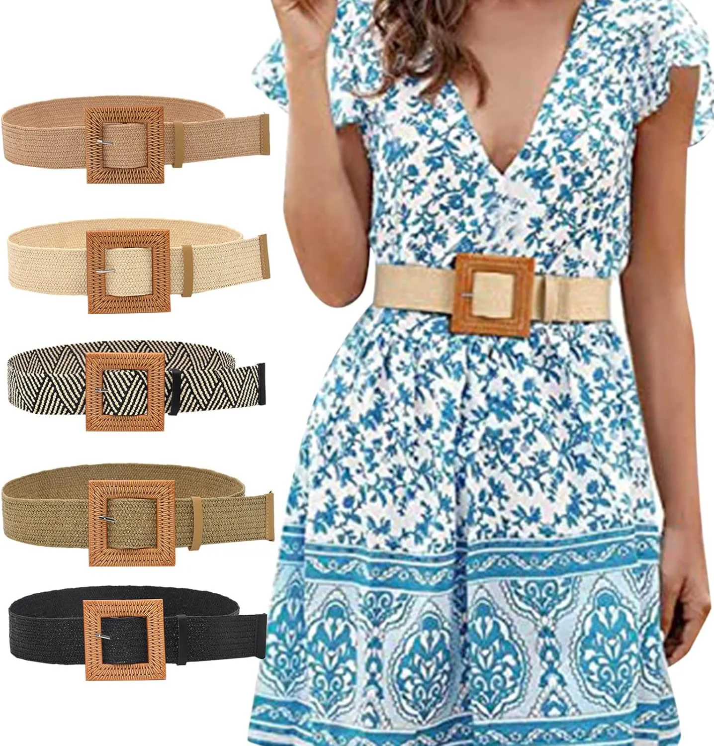 Woven Belt for Women Straw Elastic Stretch Wide Boho Waist Belt with Wooden Style Buckle
