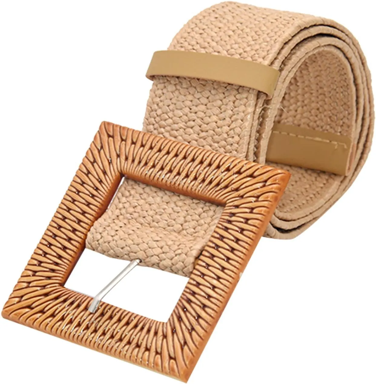 Woven Belt for Women Straw Elastic Stretch Wide Boho Waist Belt with Wooden Style Buckle