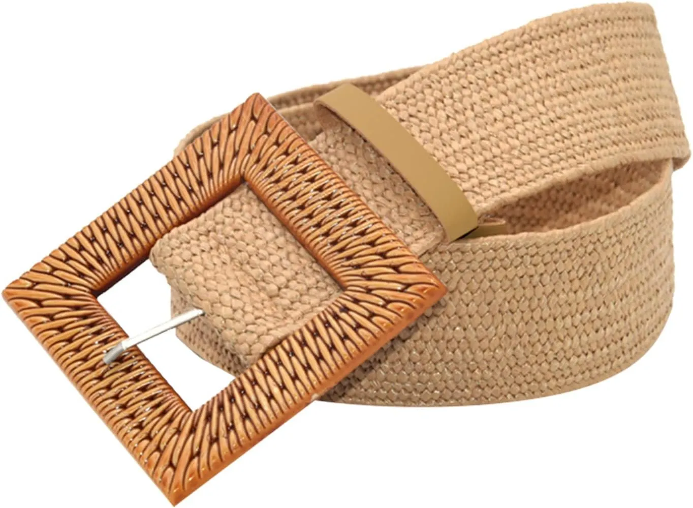 Woven Belt for Women Straw Elastic Stretch Wide Boho Waist Belt with Wooden Style Buckle